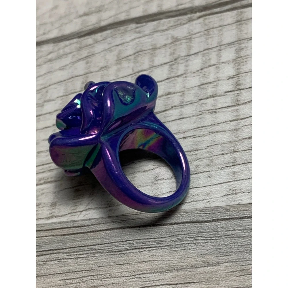 Iridescent Purple Rose Cocktail Ring Oil Slick Floral Statement Size 7 3287
